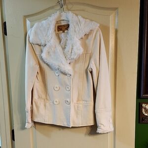 BODY CENTRAL WHITE PEA COAT with FAUX FUR COLLAR